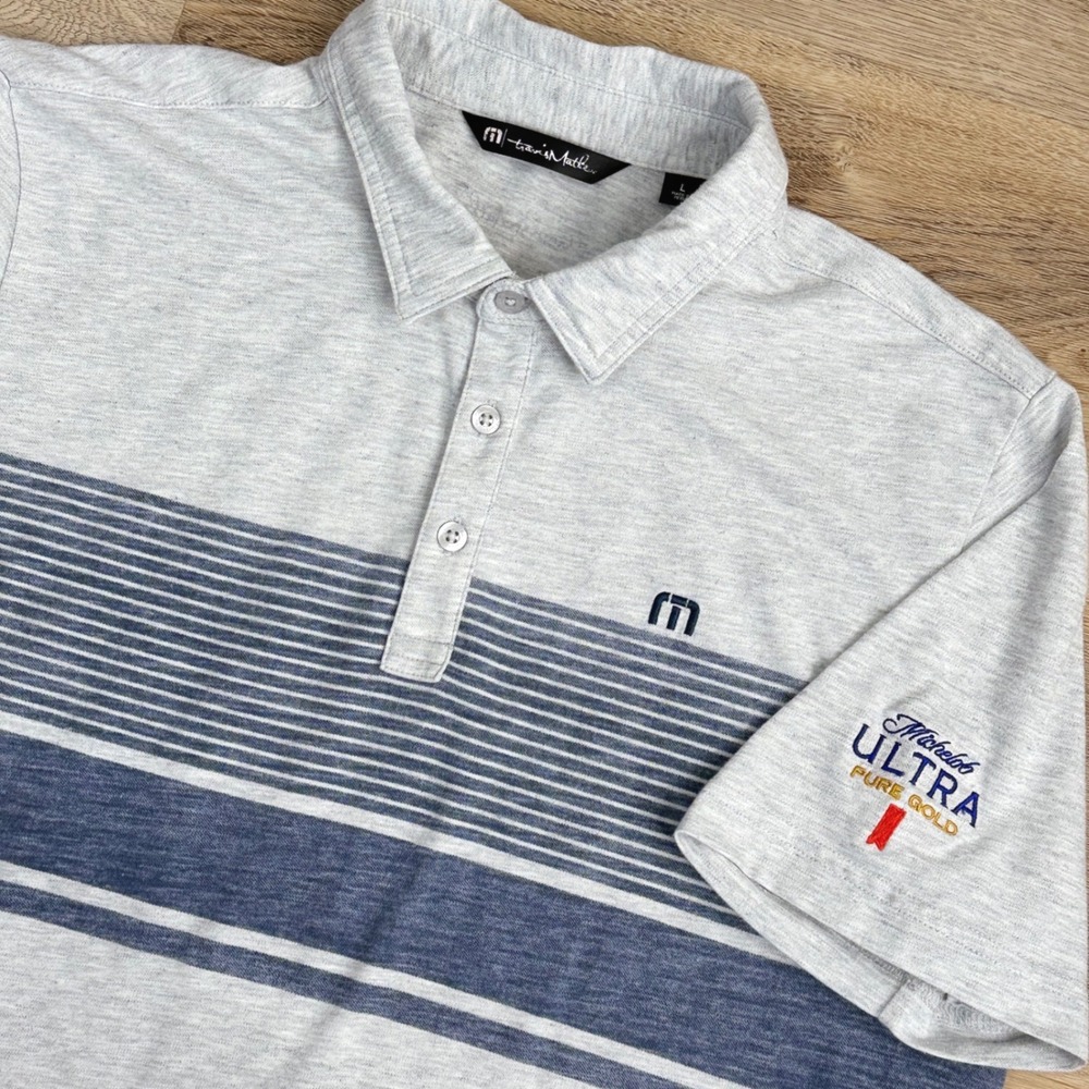TravisMathew Polo Shirt Men Large Grey Mich Ultra Gold Logo
